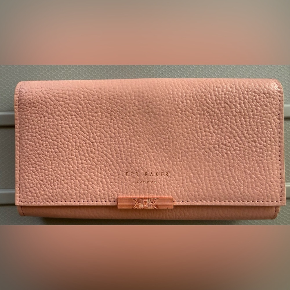 Ted Baker Rose Pink Pebbled Leather Clutch with Rose-Gold Accent